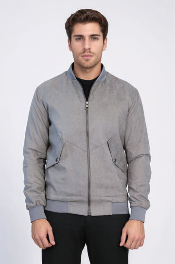 Grey Suede Slim Fit Patch Pocket Bomber Jacket – Wessi