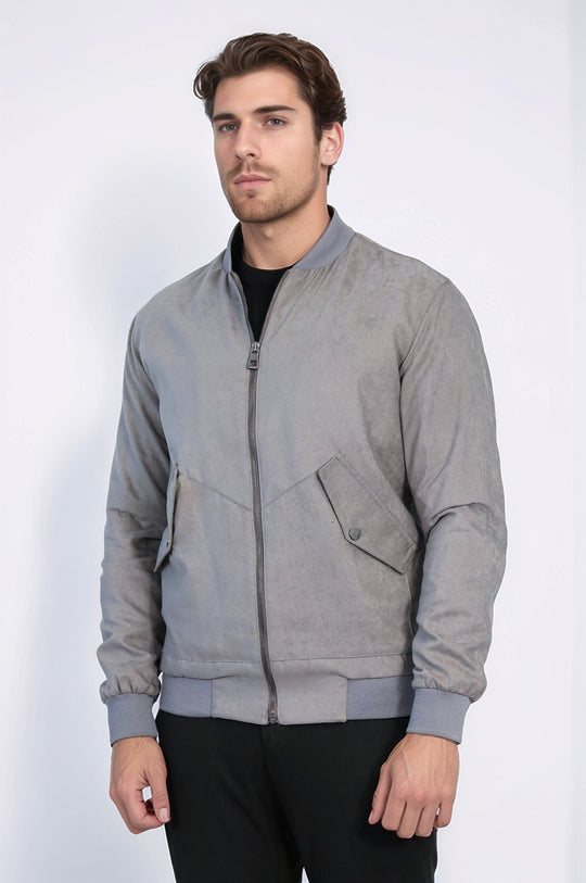 Grey Suede Slim Fit Patch Pocket Bomber Jacket – Wessi