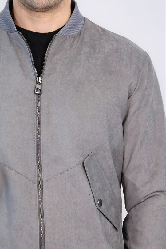 Grey Suede Slim Fit Patch Pocket Bomber Jacket – Wessi