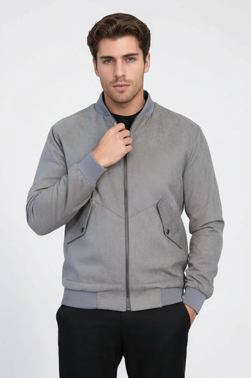 Grey Suede Slim Fit Patch Pocket Bomber Jacket – Wessi