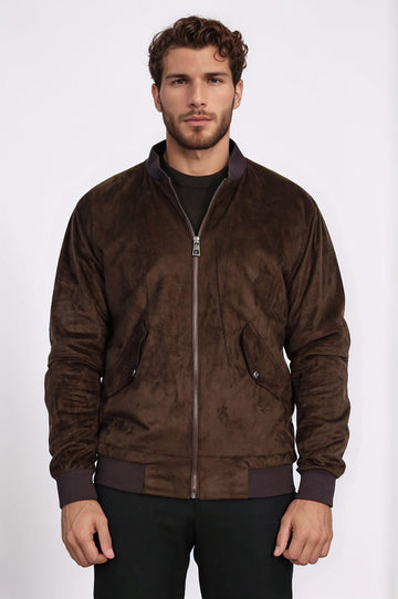 Brown Suede Slim Fit Bomber Jacket – Wessi