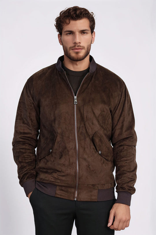 Brown Suede Slim Fit Bomber Jacket – Wessi