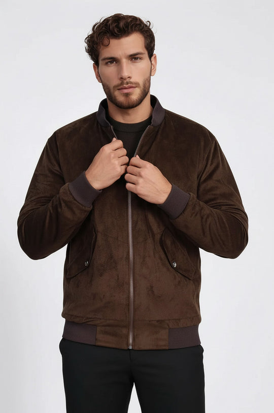 Brown Suede Slim Fit Bomber Jacket – Wessi