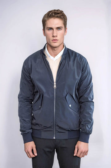 Navy Blue Slim Fit Zip-Up Bomber Jacket – Wessi