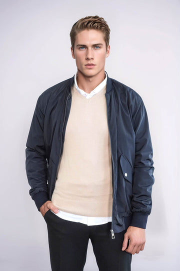 Navy Blue Slim Fit Zip-Up Bomber Jacket – Wessi