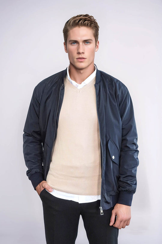 Navy Blue Slim Fit Zip-Up Bomber Jacket – Wessi
