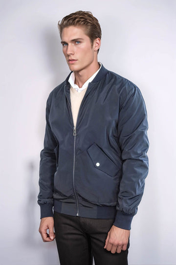 Navy Blue Slim Fit Zip-Up Bomber Jacket – Wessi