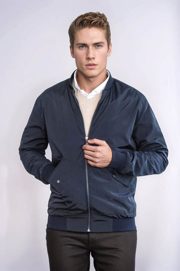 Navy Blue Slim Fit Zip-Up Bomber Jacket – Wessi