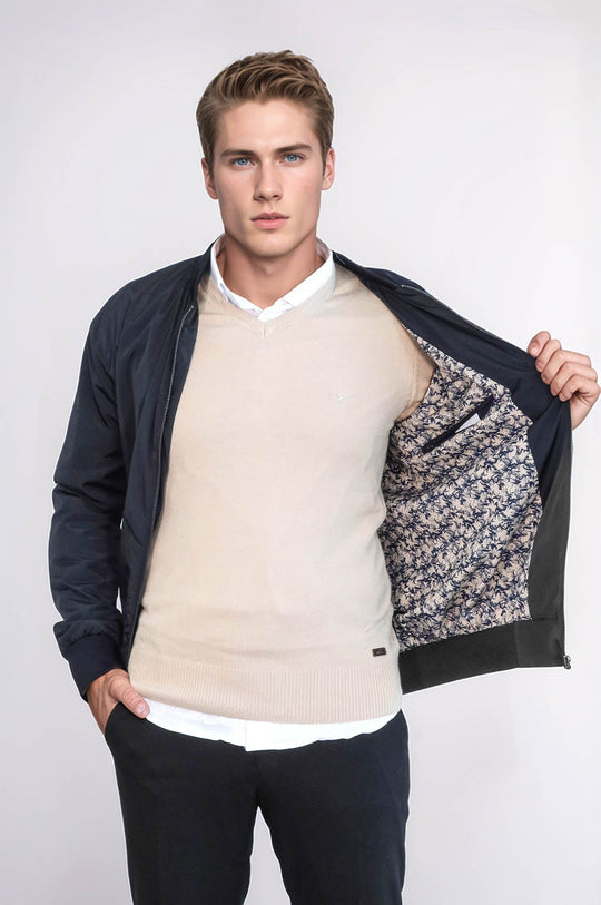 Navy Blue Slim Fit Zip-Up Bomber Jacket – Wessi