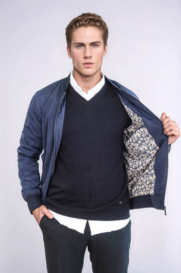 Blue Slim Fit Zip-Up Bomber Jacket – Wessi