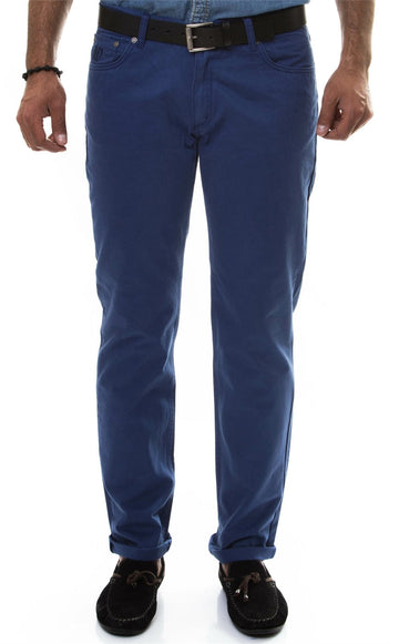 Navy Blue Slim Fit Five-Pocket Cotton Trousers – Wessi