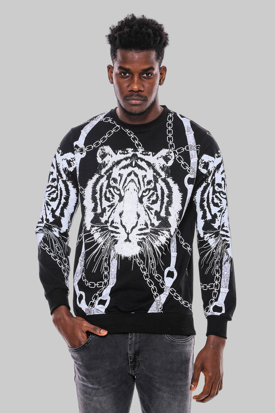 Black Slim Fit Crew Neck Tiger Patterned Sweatshirt | Wessi