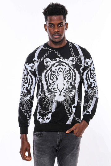Black Slim Fit Crew Neck Tiger Patterned Sweatshirt | Wessi