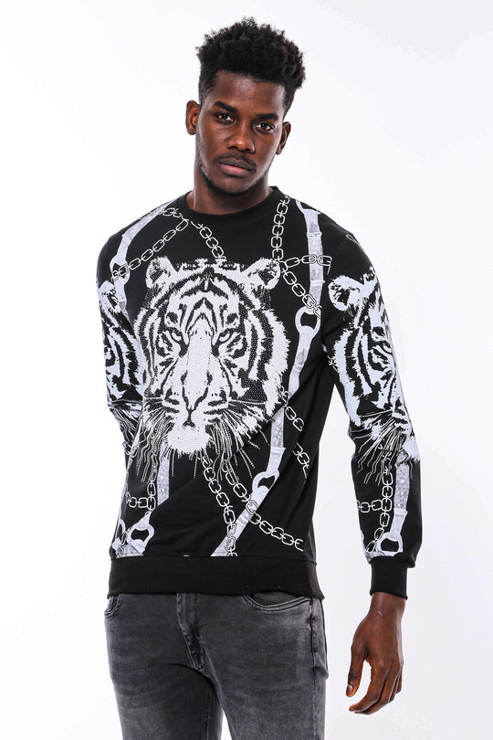Black Slim Fit Crew Neck Tiger Patterned Sweatshirt | Wessi