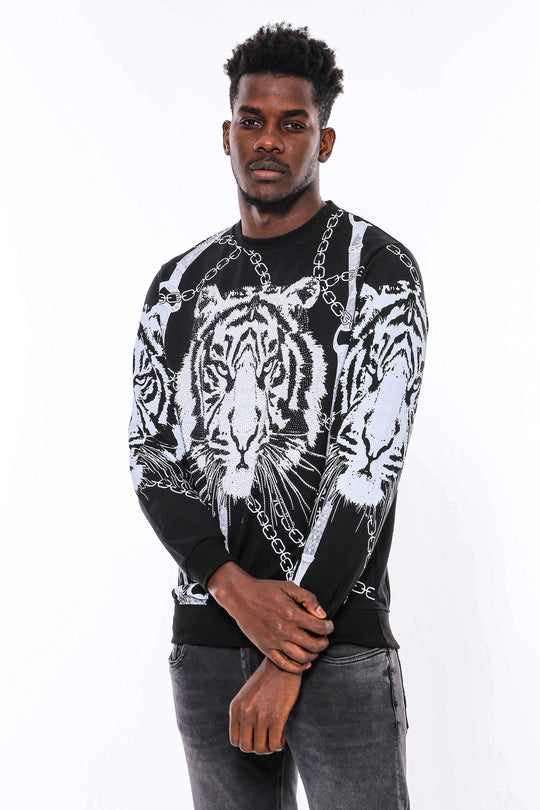 Black Slim Fit Crew Neck Tiger Patterned Sweatshirt | Wessi