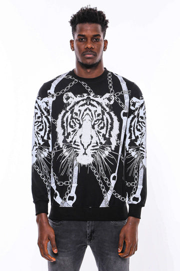 Black Slim Fit Crew Neck Tiger Patterned Sweatshirt | Wessi