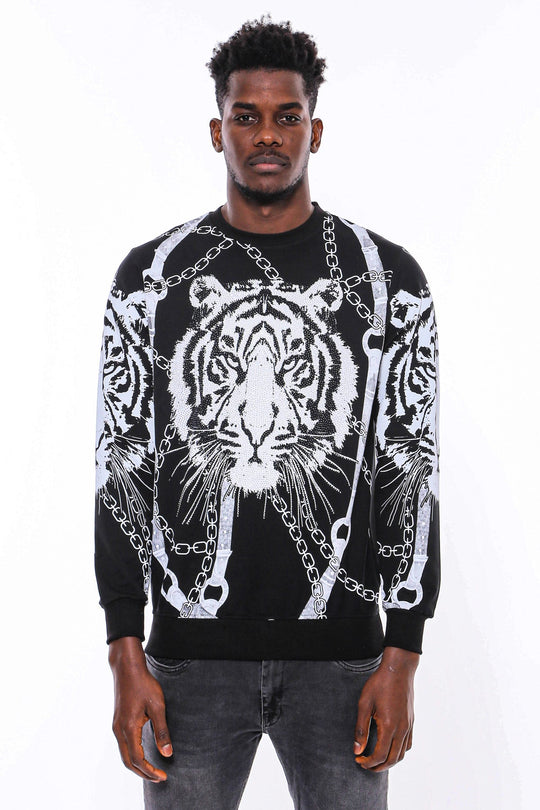 Black Slim Fit Crew Neck Tiger Patterned Sweatshirt | Wessi