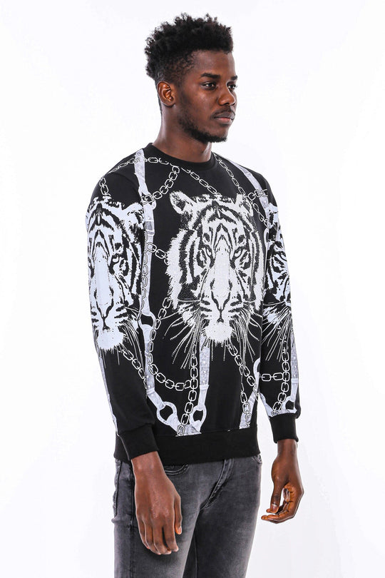 Black Slim Fit Crew Neck Tiger Patterned Sweatshirt | Wessi