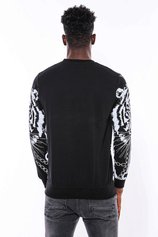 Black Slim Fit Crew Neck Tiger Patterned Sweatshirt | Wessi