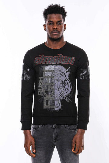 Black Slim Fit Tiger Print Crew Neck Sweatshirt | Wessi
