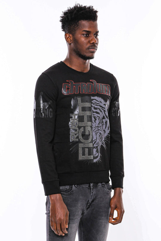 Black Slim Fit Tiger Print Crew Neck Sweatshirt | Wessi