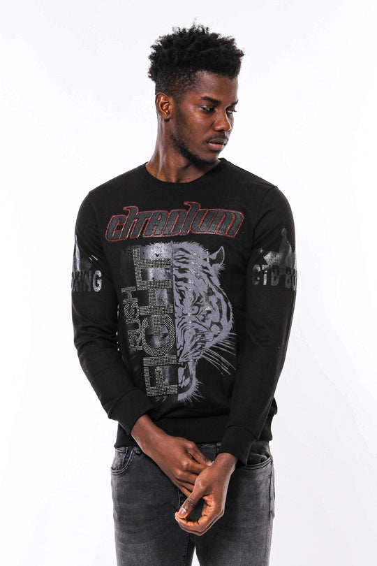 Black Slim Fit Tiger Print Crew Neck Sweatshirt | Wessi