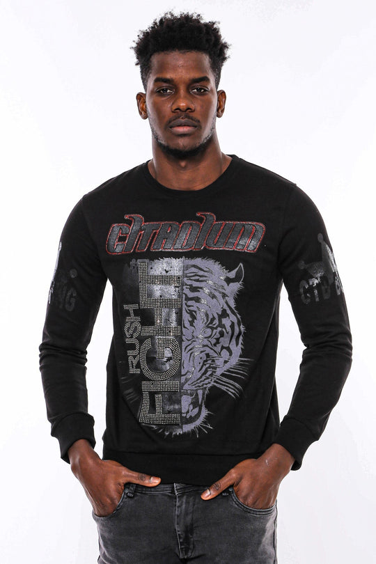 Black Slim Fit Tiger Print Crew Neck Sweatshirt | Wessi
