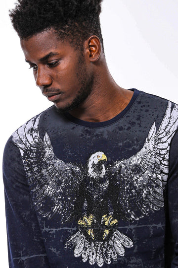 Navy Blue Slim Fit Crew Neck Eagle Patterned Sweatshirt | Wessi