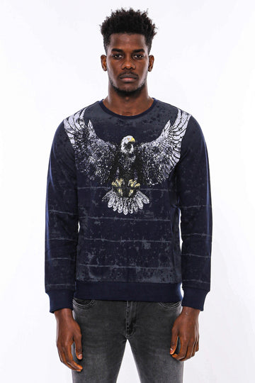 Navy Blue Slim Fit Crew Neck Eagle Patterned Sweatshirt | Wessi