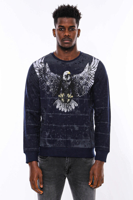 Navy Blue Slim Fit Crew Neck Eagle Patterned Sweatshirt | Wessi