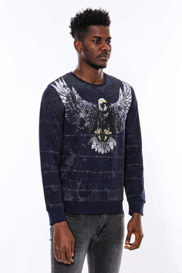 Navy Blue Slim Fit Crew Neck Eagle Patterned Sweatshirt | Wessi