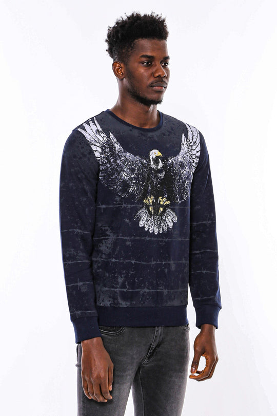 Navy Blue Slim Fit Crew Neck Eagle Patterned Sweatshirt | Wessi