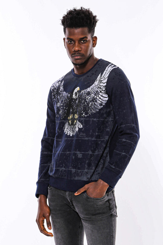 Navy Blue Slim Fit Crew Neck Eagle Patterned Sweatshirt | Wessi