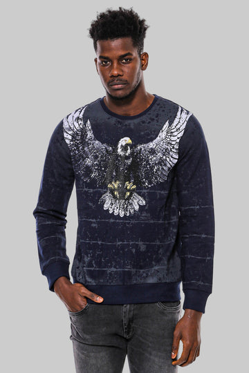 Navy Blue Slim Fit Crew Neck Eagle Patterned Sweatshirt | Wessi