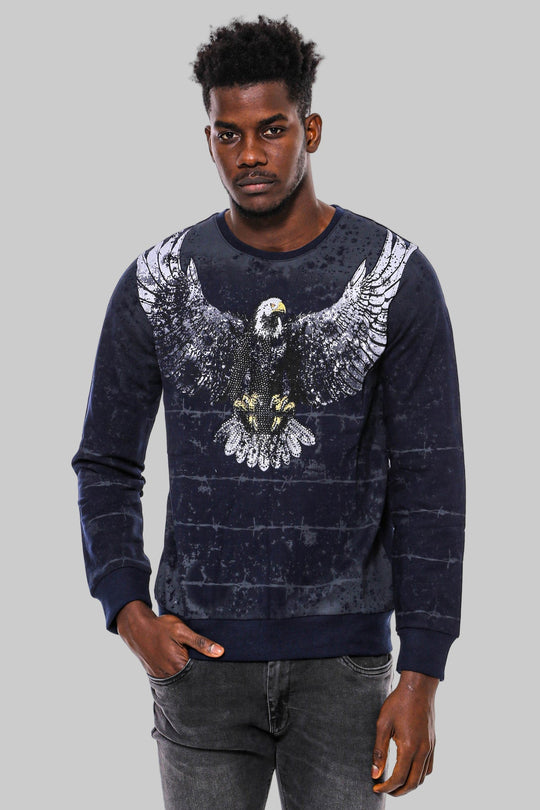 Navy Blue Slim Fit Crew Neck Eagle Patterned Sweatshirt | Wessi