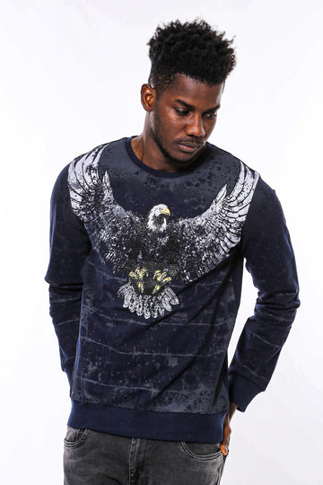 Navy Blue Slim Fit Crew Neck Eagle Patterned Sweatshirt | Wessi