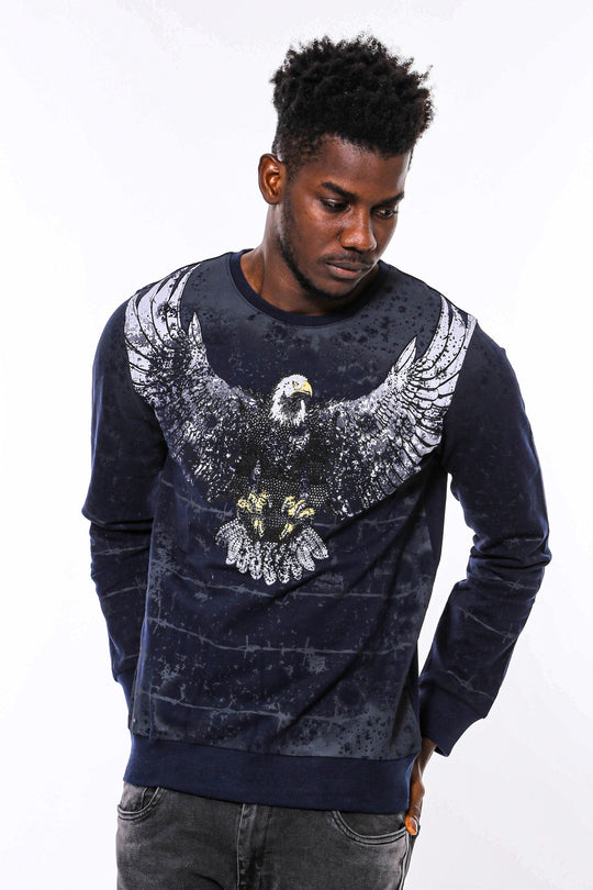 Navy Blue Slim Fit Crew Neck Eagle Patterned Sweatshirt | Wessi