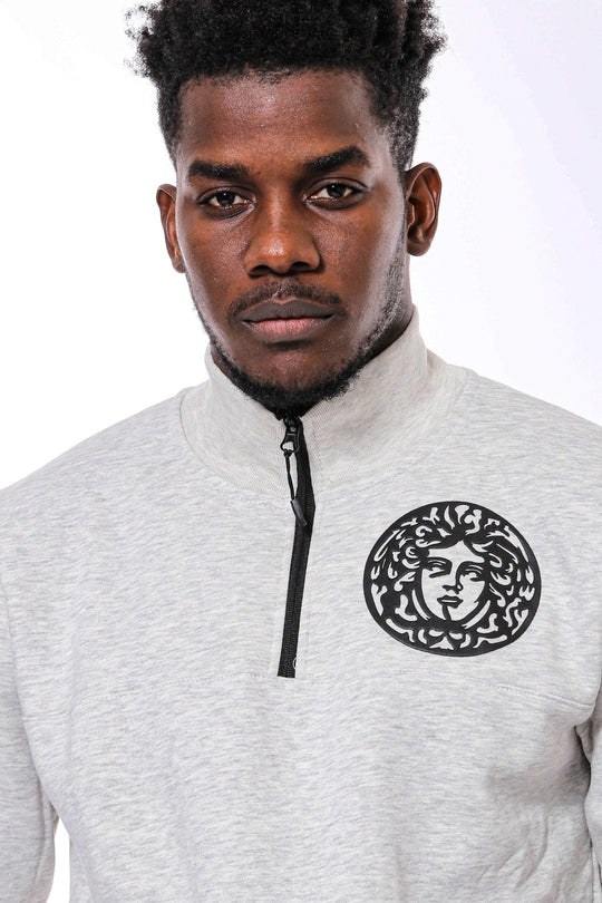 Grey Slim Fit Mandarin Collar Patterned Sweatshirt | Wessi
