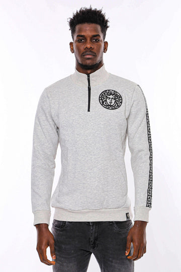 Grey Slim Fit Mandarin Collar Patterned Sweatshirt | Wessi
