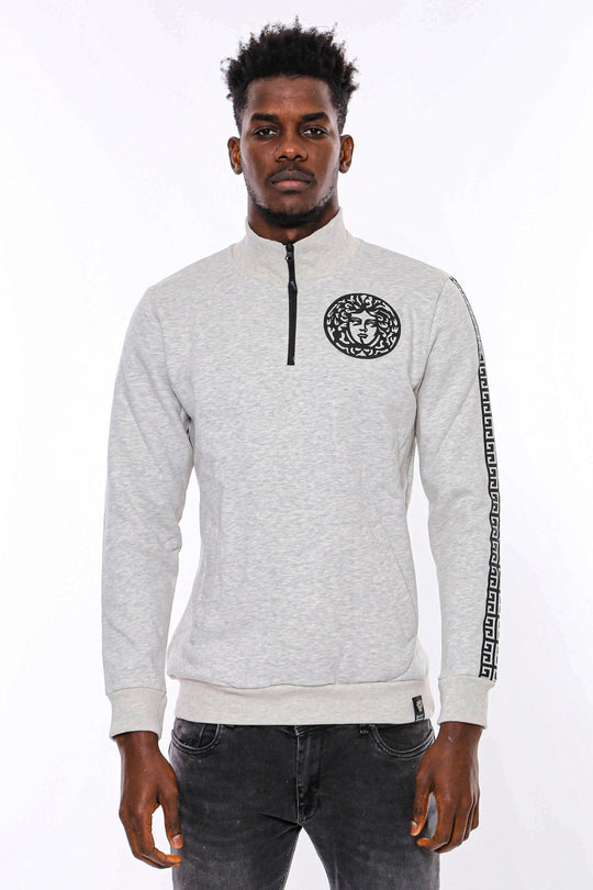 Grey Slim Fit Mandarin Collar Patterned Sweatshirt | Wessi