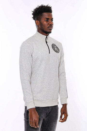 Grey Slim Fit Mandarin Collar Patterned Sweatshirt | Wessi