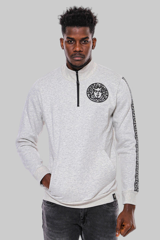 Grey Slim Fit Mandarin Collar Patterned Sweatshirt | Wessi