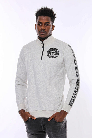 Grey Slim Fit Mandarin Collar Patterned Sweatshirt | Wessi