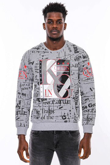 Grey Slim Fit Crew Neck Patterned Sweatshirt | Wessi