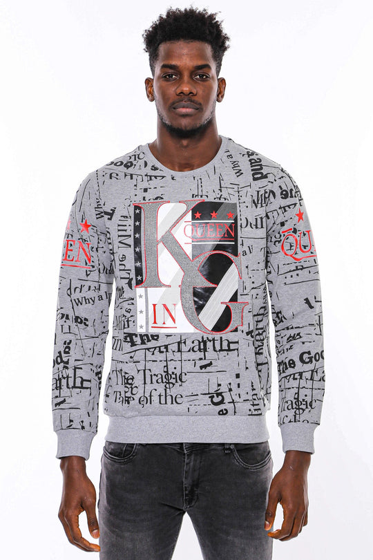 Grey Slim Fit Crew Neck Patterned Sweatshirt | Wessi