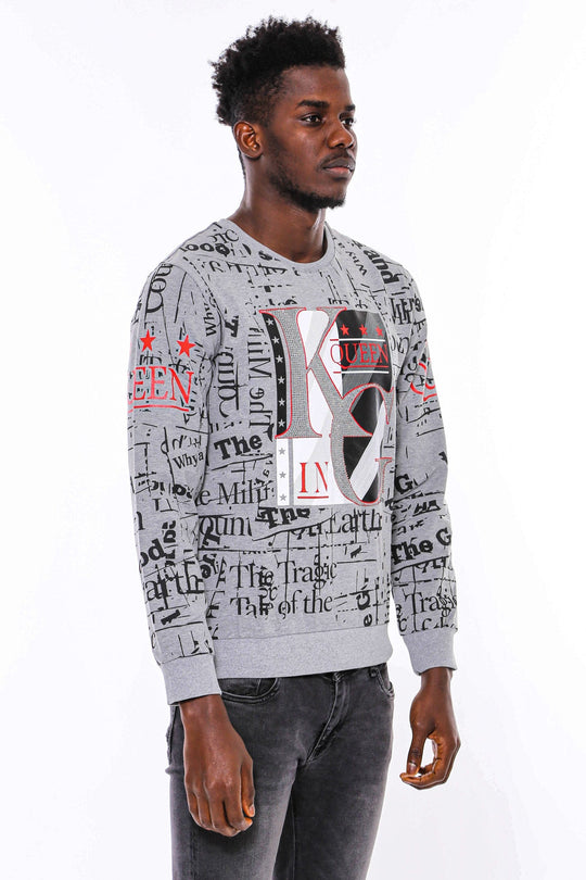 Grey Slim Fit Crew Neck Patterned Sweatshirt | Wessi