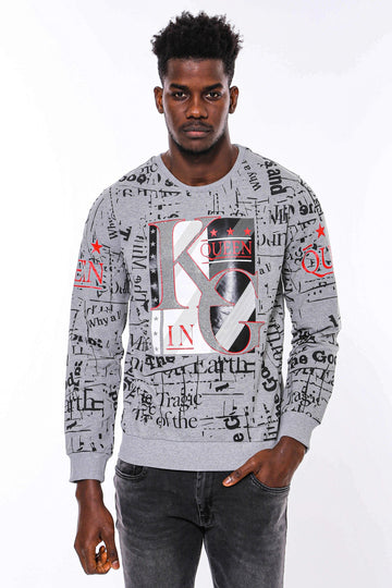 Grey Slim Fit Crew Neck Patterned Sweatshirt | Wessi