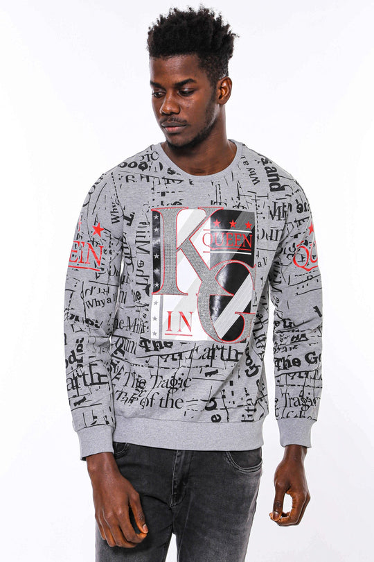 Grey Slim Fit Crew Neck Patterned Sweatshirt | Wessi