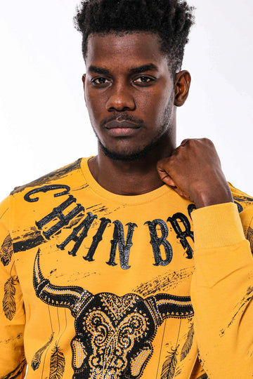Yellow Slim Fit Crew Neck Patterned Sweatshirt | Wessi