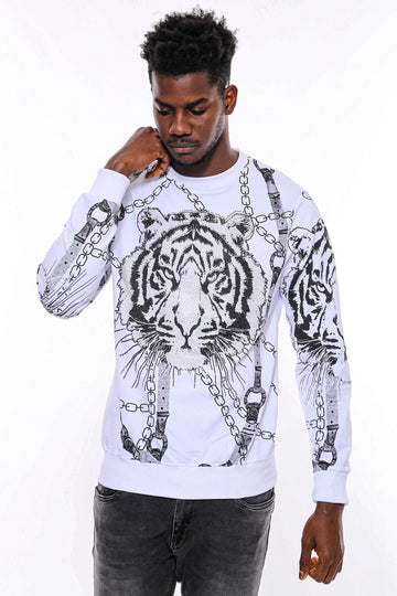 White Slim Fit Crew Neck Tiger Patterned Sweatshirt | Wessi